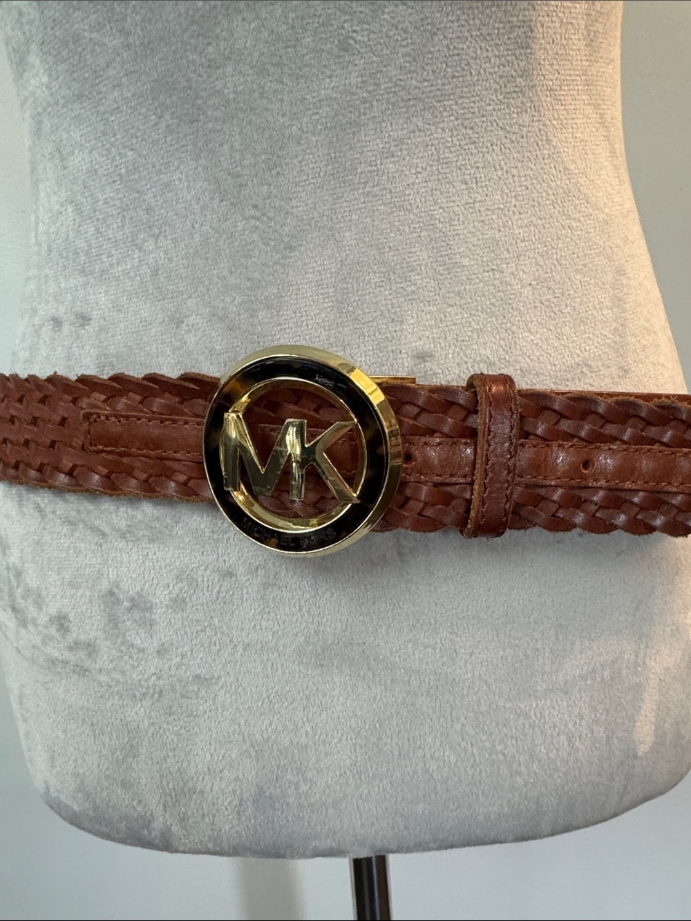 Michael Kors Woven Leather Belt with Gold MK Buckle - Chestnut M -L